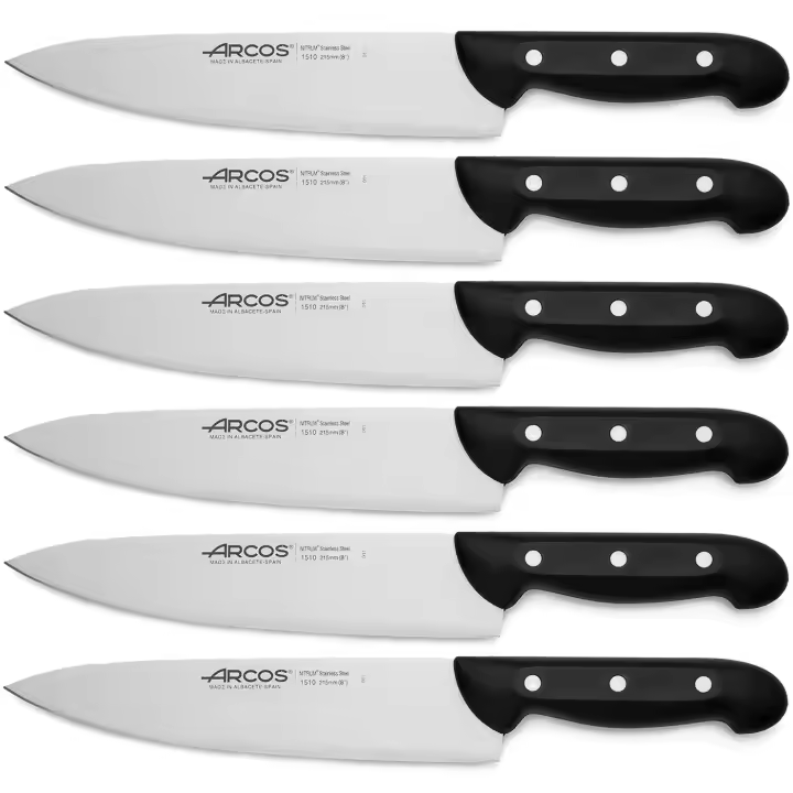 ARCOS Maitre - Cuchillo Cocinero (215 mm) - Hoja de Acero Inoxidable Nitrum® - Mango Negro de Polipropileno (PP) - 151000 - PACK 6 - 1