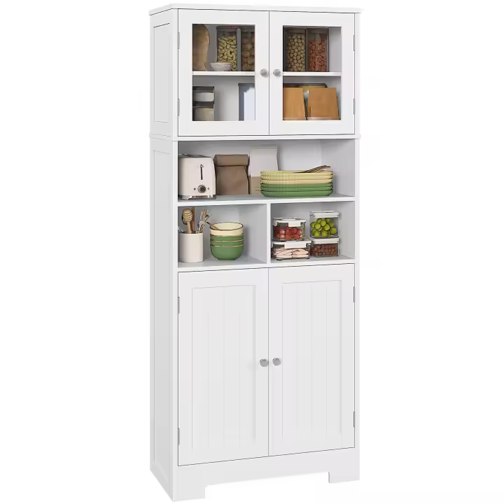 HOMCOM Alacena de Cocina Mueble Auxiliar de Cocina Aparador Alto con 2 Puertas de Vidrio Estantes Ajustables y Compartimentos Abiertos 60x30x145,5 cm Blanco - 1