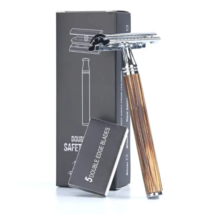 Afeitadora Manual De Seguridad Para Hombres Con Mango De Bambú Cabeza De Afeitar Doble Orilla Y 5 Hojas De Cuchillo Clásico Para Cabello Y Barba - 1