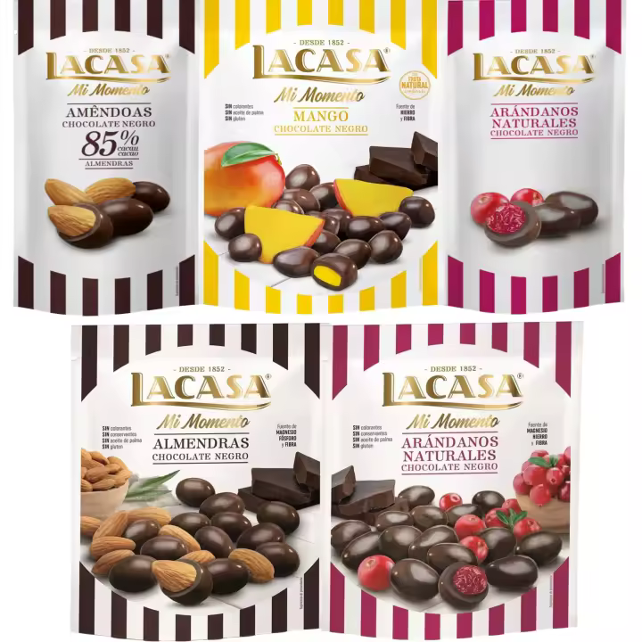 Lacasa Mi Momento pack de 5:Arándano choco Negro 60G,Almendra 85% 65G,Arándano choco Negro 125G,Almendra choco Negro 125G,Mango choco Negro 115G - 1