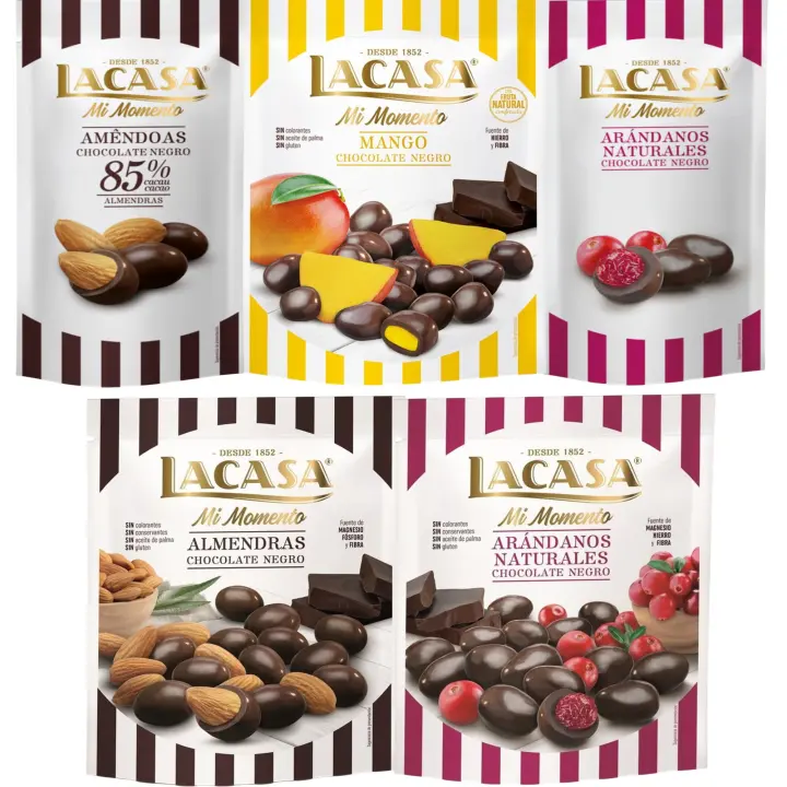 Lacasa Mi Momento pack de 5:Arándano choco Negro 60G,Almendra 85% 65G,Arándano choco Negro 125G,Almendra choco Negro 125G,Mango choco Negro 115G - 1