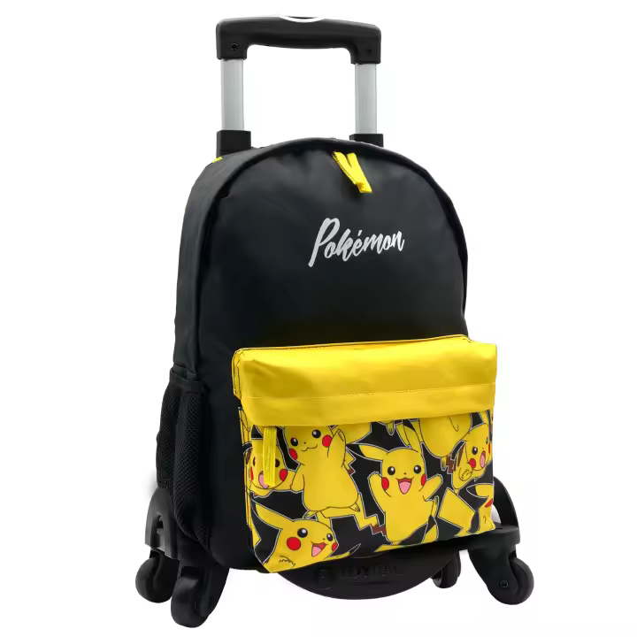 DAM Pokemon mochila Americano con compartimento portalaptop + carro con protección lateral y stoper frontal, 4 ruedas multidireccionales. 31x13,5x40 Cm. Color: Amarillo - 1