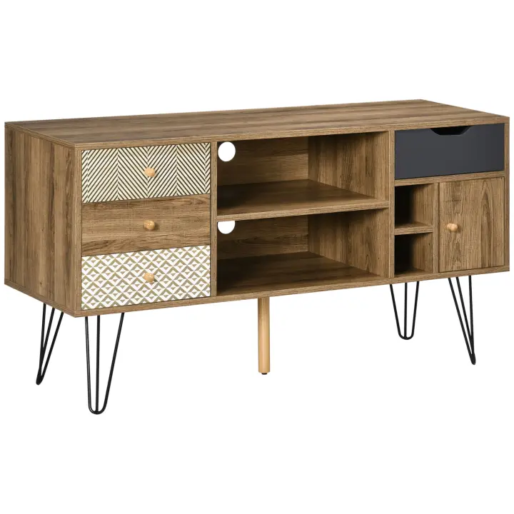 HOMCOM Mueble de TV con Estantes de Almacenamiento 4 Cajones y Patas de Metal Mesa para TV de Salón para Televisores de hasta 50 Pulgadas para Dormitorio 120x39x64 cm Marrón - 1