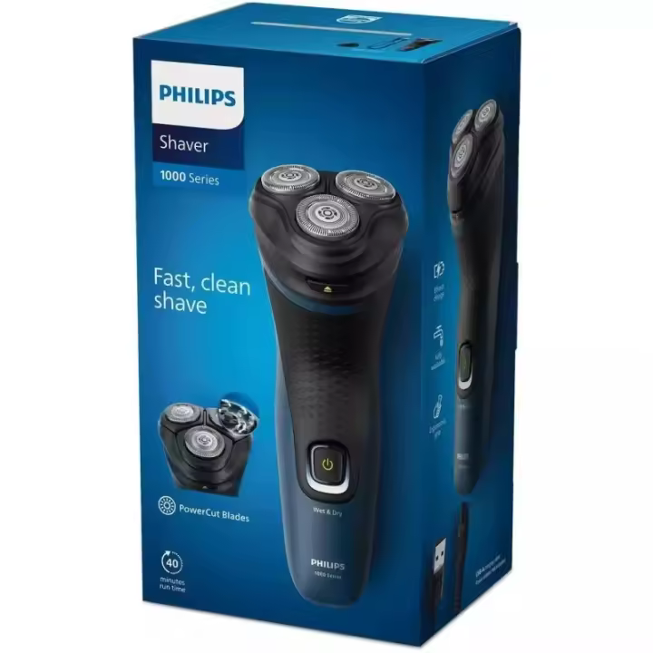 Philips Serie 1000 Afeitadora Eléctrica Hombre con Cuchillas Powercut, Lavable y Fácil de Limpiar, Cortapatillas para Bigote y Patillas, 45 Min Autonomía, Inalámbrica, S1332/41, Negro - 1