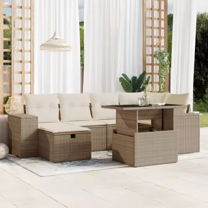 vidaXL Set sofás de jardín 7 piezas y cojines ratán sintético beige - 1