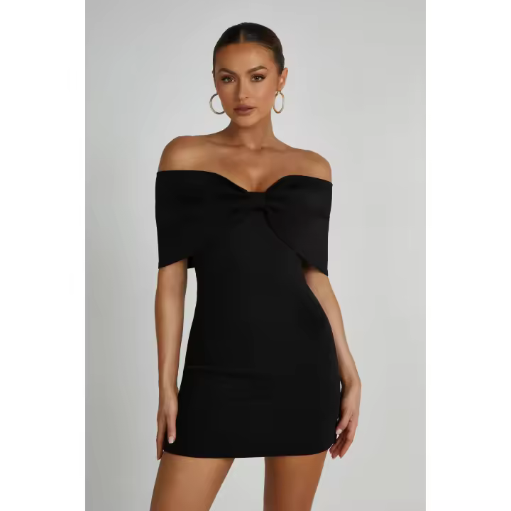 Vestido Casual De Mujer De Color Sólido Para Primavera Y Verano Cuello Abierto Mini Vestido Elegante Para Fiestas Y Ocasiones Forma Ajustada Y Flared - 1