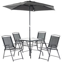 Outsunny Conjunto de Muebles de Jardín con 4 Sillas Plegables Mesa de Comedor de Vidrio y Sombrilla Inclinable Protección del Sol para Patio Terraza Exterior 80x80x70 cm - details 0