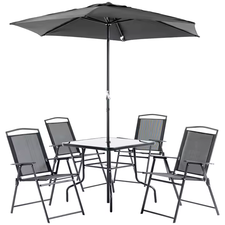 Outsunny Conjunto de Muebles de Jardín con 4 Sillas Plegables Mesa de Comedor de Vidrio y Sombrilla Inclinable Protección del Sol para Patio Terraza Exterior 80x80x70 cm - 1