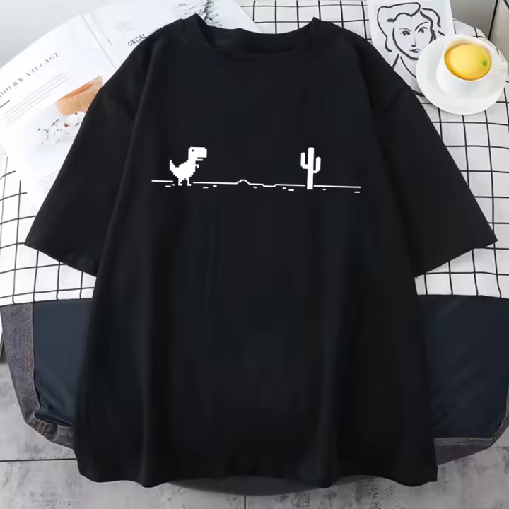 Camiseta De Algodón Para Hombre Con Impresiones De Cactus Y Dinosaurio Pequeño Juego De Mosaico Casual Veraniego Manga Corta Humorístico Ropa Para Hombre - 1