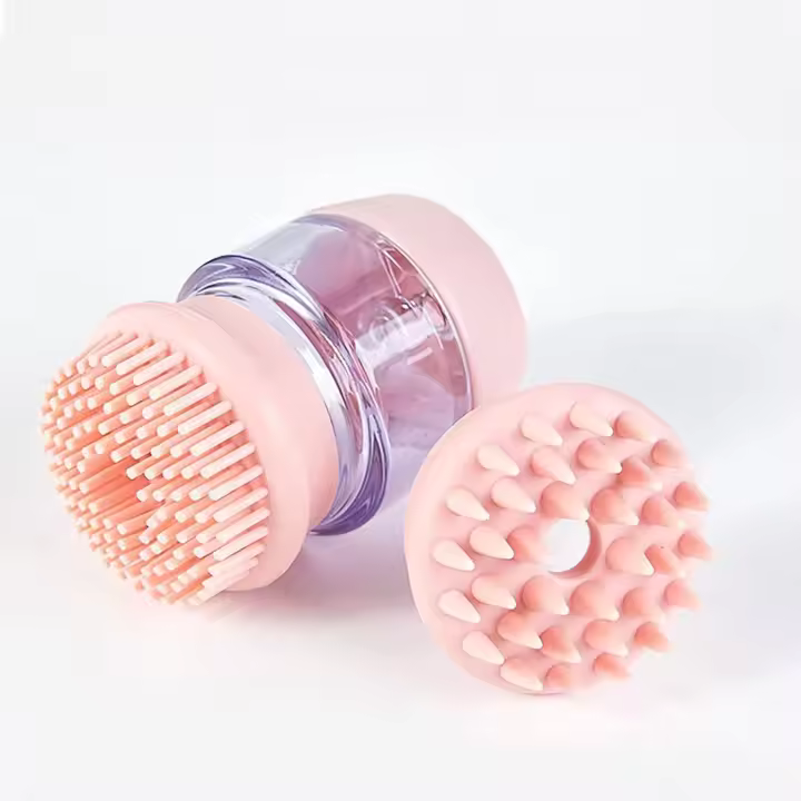Cepillo de baño para mascotas, cepillo de silicona para el cuidado de perros y gatos con dispensador de champú, cabezal de cepillo doble (rosa) - 1