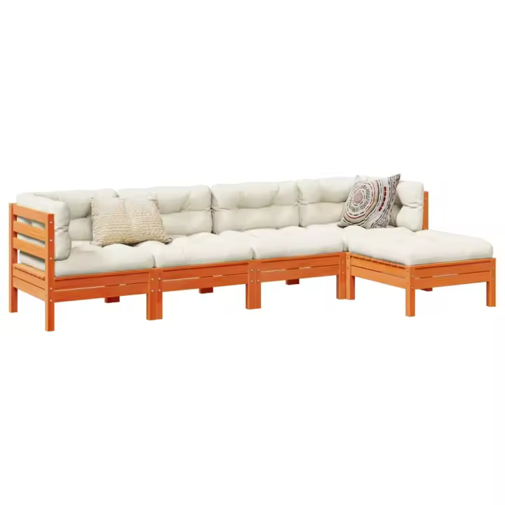 vidaXL Set de sofás jardín 5 pzas con cojines madera pino marrón cera - 1