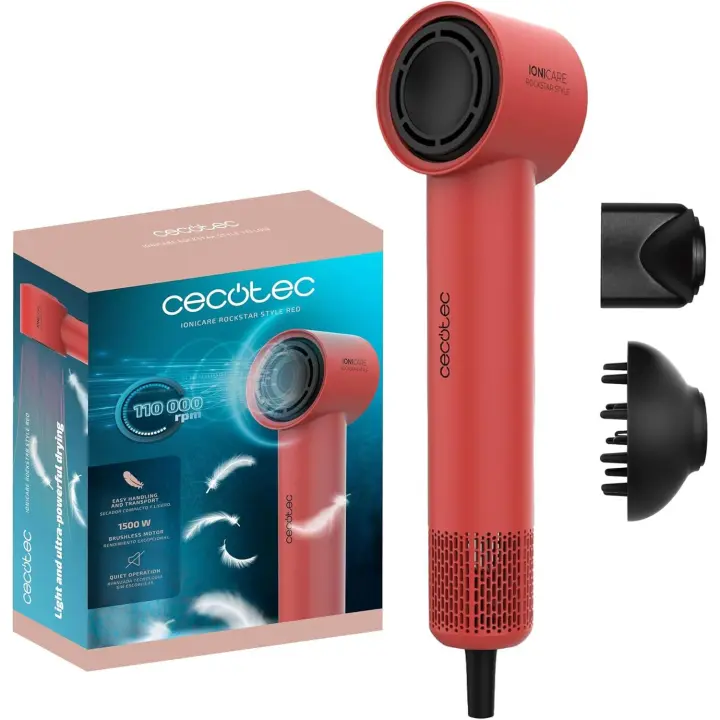 Cecotec Secador de Pelo Ionicare Rockstar Style Red, Secador Muy Compacto y Ligero, Motor 1500W 110000 Rpm, Generador de Iones, 4 Temperaturas, 3 Velocidades, Silencioso: Tecnología Brushless - 1