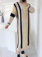 Vestido De Mujer REALEFT Otoño Invierno Grueso Vintage Rayado Suéter De Punto Manga Larga Cintura Alta Cuello Redondo Suéter De Moda Oficina Lady - details 4