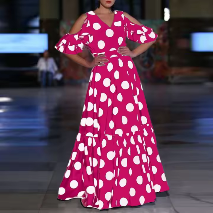 VONDA Vestido Largo Bohemio De Verano Para Mujer Estampado De Puntos Con Volantes Estilo Casual Hombros a La Cintura Manga Corta Cuello V Vestido Maxi De Fiesta - 1