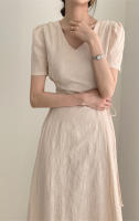 Vestido Largo De Algodón Y Lino Para Mujer Estilo Retro Vintage Con Manga Corta Diseño Sólido A-Line Cuello V Moda De Oficina - details 0