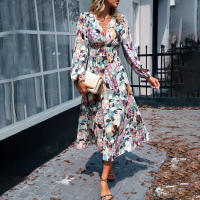 Vestido Bohemio Casual De Maxi Para Mujer Con Estampado V-Neck Manga Larga Cintura Alta 4 Colores Poliéster Para Playa Y Vacaciones - details 3