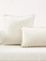 Funda De Cojín De Terciopelo Con Bola De Pompom Color Sólido 45x45cm Cómoda Para Sala De Estar Sofa Coche Decoración Del Hogar - details 0