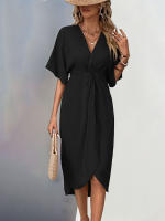 Vestido JIM & NORA 2024 Verano Para Mujer Cintura Alta Elegante Tipo Wrap Cuello En V Midi De Cintura Con Decoración Ruched Estilo Oficina - details 10