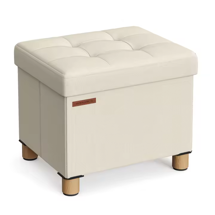 SONGMICS Puff Almacenaje, Baúl de Almacenaje Plegable, 32 x 40 cm, Taburete Reposapiés, Banco con Almacenamiento, Soporta hasta 300 kg, para Sala de Estar, Dormitotio, Gris Paloma/Blanco Crema - 1