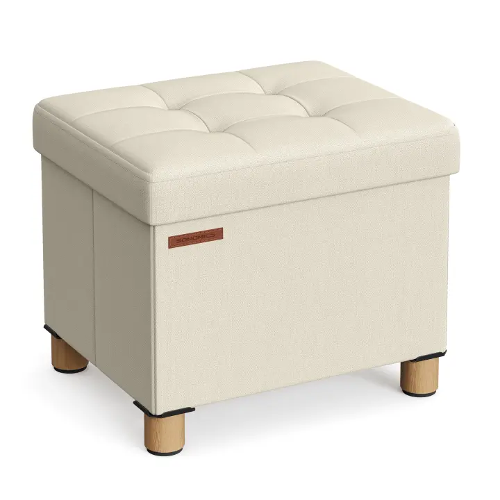 SONGMICS Puff Almacenaje, Baúl de Almacenaje Plegable, 32 x 40 cm, Taburete Reposapiés, Banco con Almacenamiento, Soporta hasta 300 kg, para Sala de Estar, Dormitotio, Gris Paloma/Blanco Crema - 1