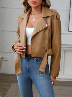 Chaqueta De Cuero PU Para Mujer Fitaylor Cierre De Cremallera Estilo Casual Con Cinturón Biker Primavera Otoño Corta - details 1