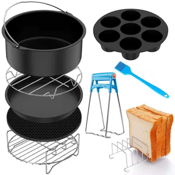 Juego de accesorios para freidora de aire de GRADE alimenticio, cesta de pastel, estante para tostadas, para Pizza Sartén, juego de estante para Cocinar al vapor, 9 piezas - 1