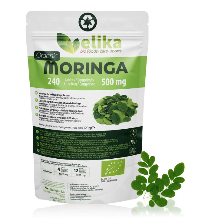 Moringa Oleifera Elikafoods® ORGÁNICA. 240 comprimidos 500 mg. Superfood natural, bomba de Vitaminas, proteínas, minerales, antioxidantes. Energizante natural. Vegana, sin gluten, sin azúcares añadidos, dieta keto, y libre de aditivos.
