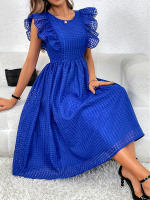 Vestido Midi Elegante Vintage De Verano Para Mujer En Tela Jacquard Con Volante Y Manga Butterfy Azul Para Fiesta Y Oficina - details 1