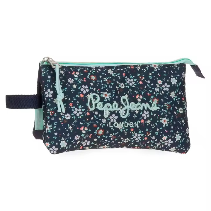 Estuche triple Pepe Jeans azul oscuro con estampado floral 22 x 12 x 5 cm - Tres compartimentos cerrados con cremallera para mejorar la organización - cremallera principal y secundaria, doble bolsillo interior - asa lateral - diseño moderno y versáti - 1