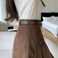 Falda Plisada De Corduroy Grueso Para Mujer Otoño Invierno Cinturón Vintage Casual Cargo Corta Joven Alta Cintura - details 6