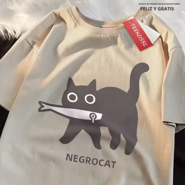 Camiseta De Algodón Oversize Para Hombres Y Mujeres Con Diseño De Gato Negro Comiendo Pescado Estilo Japonés Camiseta De Moda Imprimida Transpirable Para Verano - 1