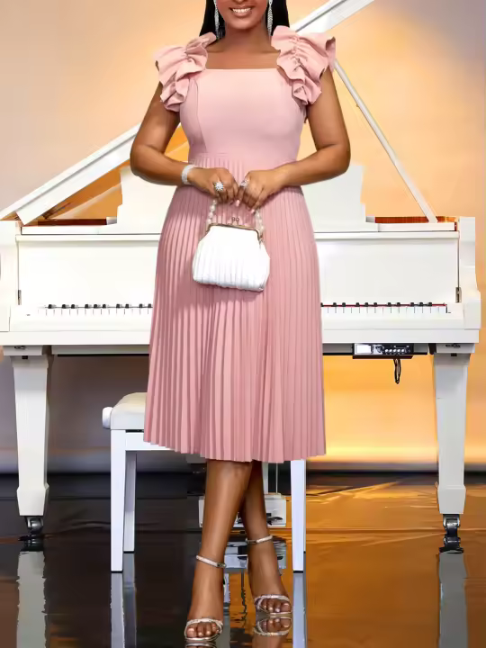 Vestido Alineado De Mujer Rosa Con Volantes Cuello Cuadrado Vestido Sin Mangas Elegante Y Moderno Para Fiesta De Cocktail Verano 2024 - 1