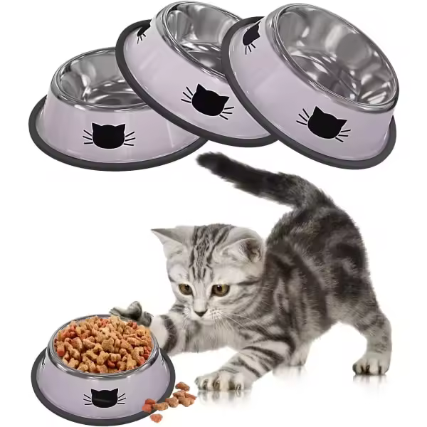 3 piezas Cat Food Bowl, tazón de fuente de gato antideslizante de acero inoxidable, - 1