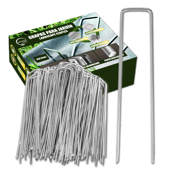 GREEN GOF Grapas para Malla Antihierba, Cesped Artificial y Jardin. Acero Galvanizado. Piquetas de Anclaje al Suelo. Ultra Resistentes y Anticorrosivas.
