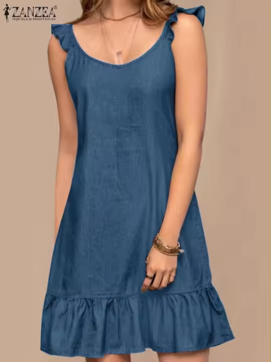Vestido Bohemio De Verano En Denim Estilo ZANZEA Para Mujer Sin Mangas Con Volantes Y Cuello Redondo Vestido De Playa De Pato Corto Ropa Casual De Manga Larga - 1