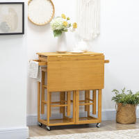 HOMCOM Juego de Mesa Alta de Bar y 2 Taburetes, Mesa Alta de Cocina de Bambú con Ruedas, Tablero Plegable, Ahorro Espacio, Cajones, Toalleros y Reposapiés, Marrón - details 1