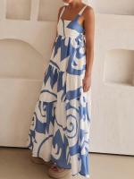 Vestido De Impresión Casual Para Mujeres Primavera Y Verano Sin Mangas Cuello Cuadrado Largo Hasta El Tobillo Polyester - details 2