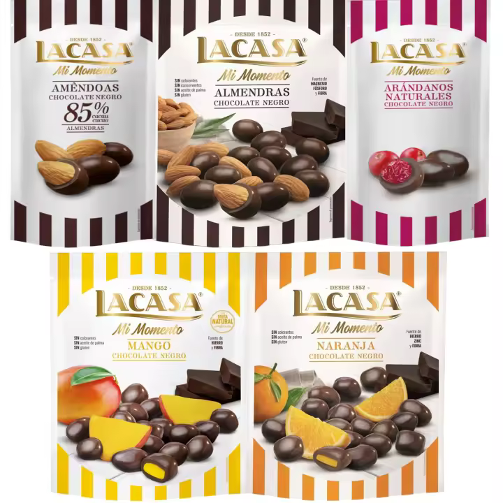 Lacasa Mi Momento pack de 5:Arándano choco Negro 60G,Almendra 85% 65G,Almendra choco Negro 125G,Naranja choco Negro 125G,Mango choco Negro 115G - 1