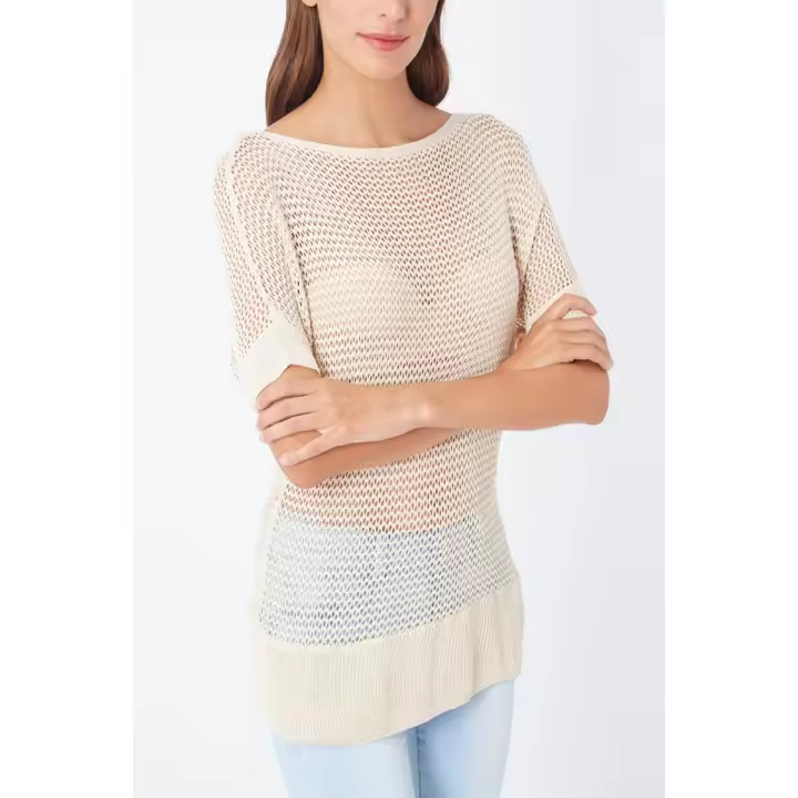 Suéter calado tejido ligero suéter manga corta jersey top estilo casual escote redondo color beige talla 38 cómodo versátil ideal looks urbanos o relajados ✅Entrega 24/48h - 1