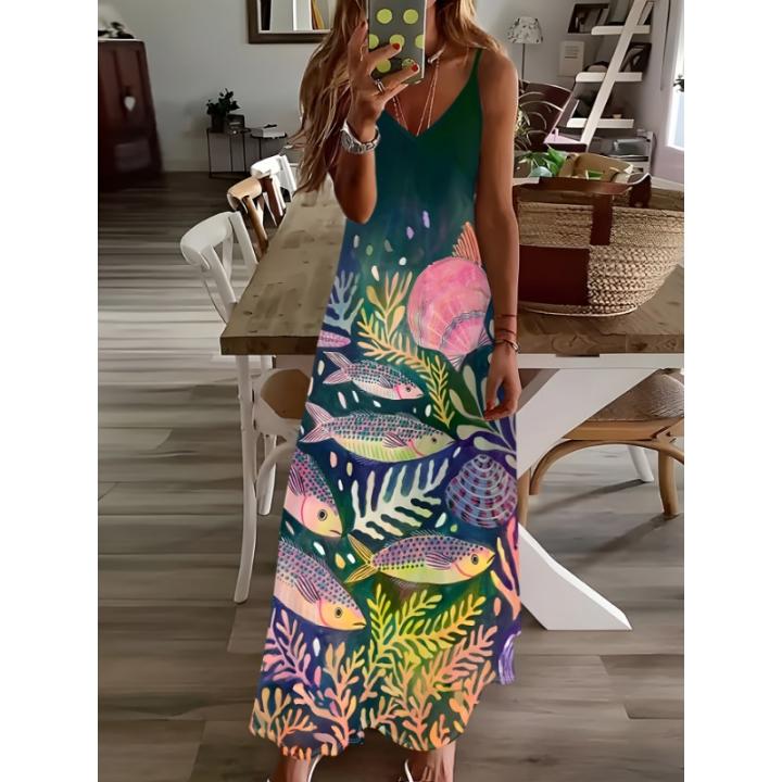 Vestido Largo Manga Larga V-Neck Para Mujer Estilo Vacaciones Con Estampado De Reefs De Coral Y Peces Tropical Casual Fluidez Para Fiesta De Playa Verano