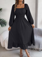 Vestido Largo Elegante De Verano Con Cuello Cuadrado Y Mangas Largas Para Damas De Honor Vestido De Mujer Con Borde Volante Y Cintura Alta - details 0