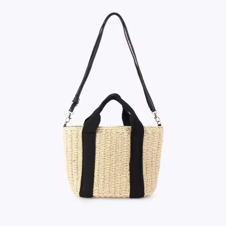 MOV Elegante bolso minimalista de papel tejido en cuerda, de color liso; bolso tejido a mano; bolso tote de gran capacidad; bolso de playa o de viaje. - 1