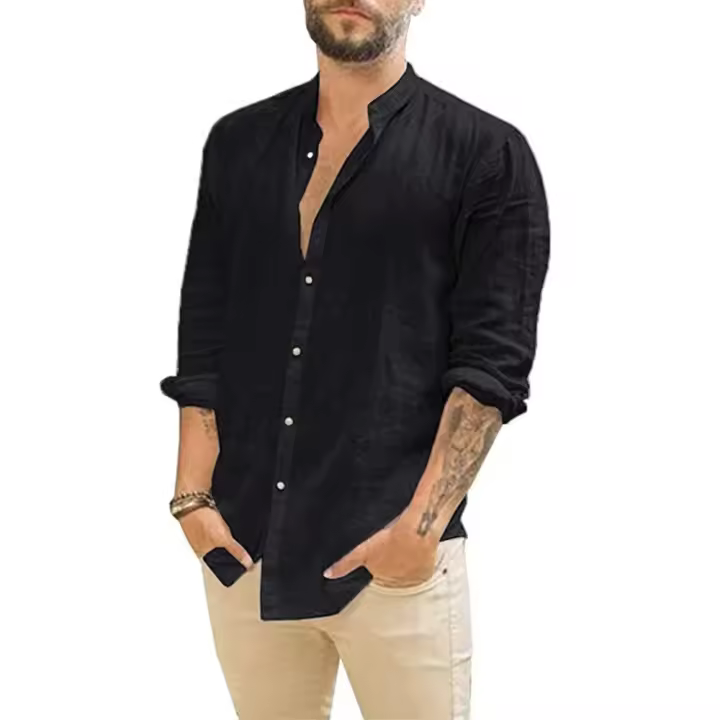 Camisa De Algodón Y Lino Para Hombre Estilo Playa Casual De Cuello Erguido De Color Sólido Talla Grande Manga Larga Para Verano - 1