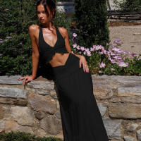 Conjunto Elegante De 2 Piezas Para Mujer Halter Sin Espalda Camisola De Cintura Elástica Con Volantes + Falda Larga De Encaje Sólida Vestido De Noche Para Fiesta Y Vacaciones En La Calle - details 40