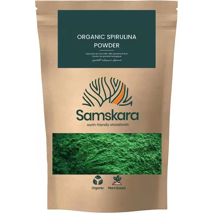 Espirulina en polvo BIO Plus  Mejorado para la Salud Digestiva y Absorción de Nutrientes  58% Proteína + 6% Leucin  Alto en Clorofila - para batidos, yogur, harinas, sopas  Superalimentos Samskara - 1