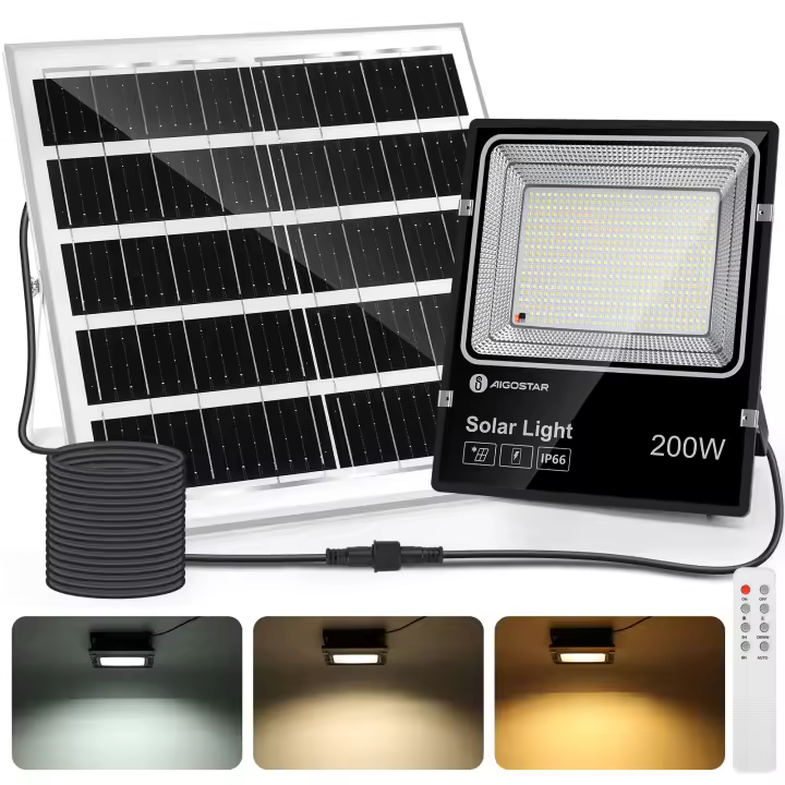 Aigostar - Foco solar exterior con mando a distancia,Cable de 5m.16000mAH,Batería de gran capacidad y gran panel solar.regulable 3000/4000/6500K. Uso interior/exterior IP66:jardín,patio,camino(1) - 1