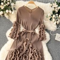 Vestido Elegante De Mujer 2024 Pleated Miyak Primavera Otoño V-Neck Suéter Beaded Exquisito Cinturón A-Line Midi Vintage Polyester - details 21