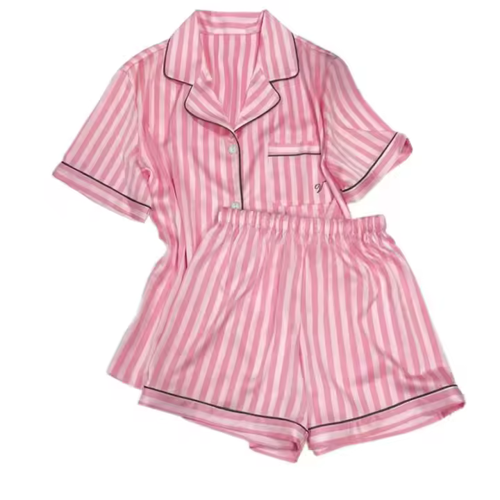 Conjunto De Pijamas De Verano Para Mujer En Rosa Con Rayas Corto Y Cuello En V Pié Y Pecho De Alta Calidad Ropa De Dormir De Dos Piezas - 1