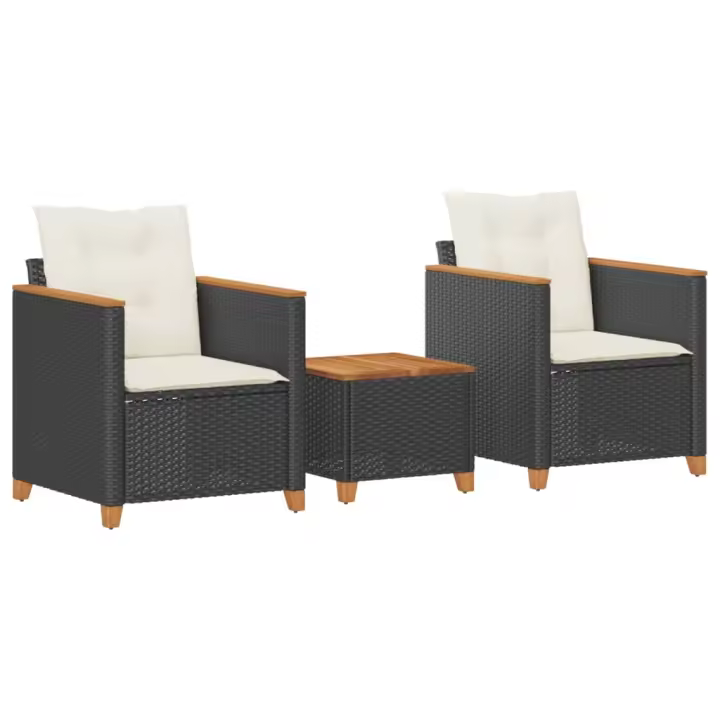vidaXL Mesita y sillas con cojines 3 pzas ratán PE madera acacia negro - 1