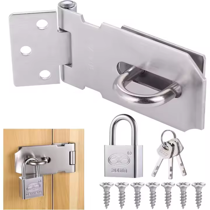 Cerradura de puerta con grapa y candado, cerradura de puerta de 90 grados con llaves y tornillos, cerradura de puerta de jardín de acero inoxidable, cerradura de puerta de dormitorio de seguridad adicional - 1